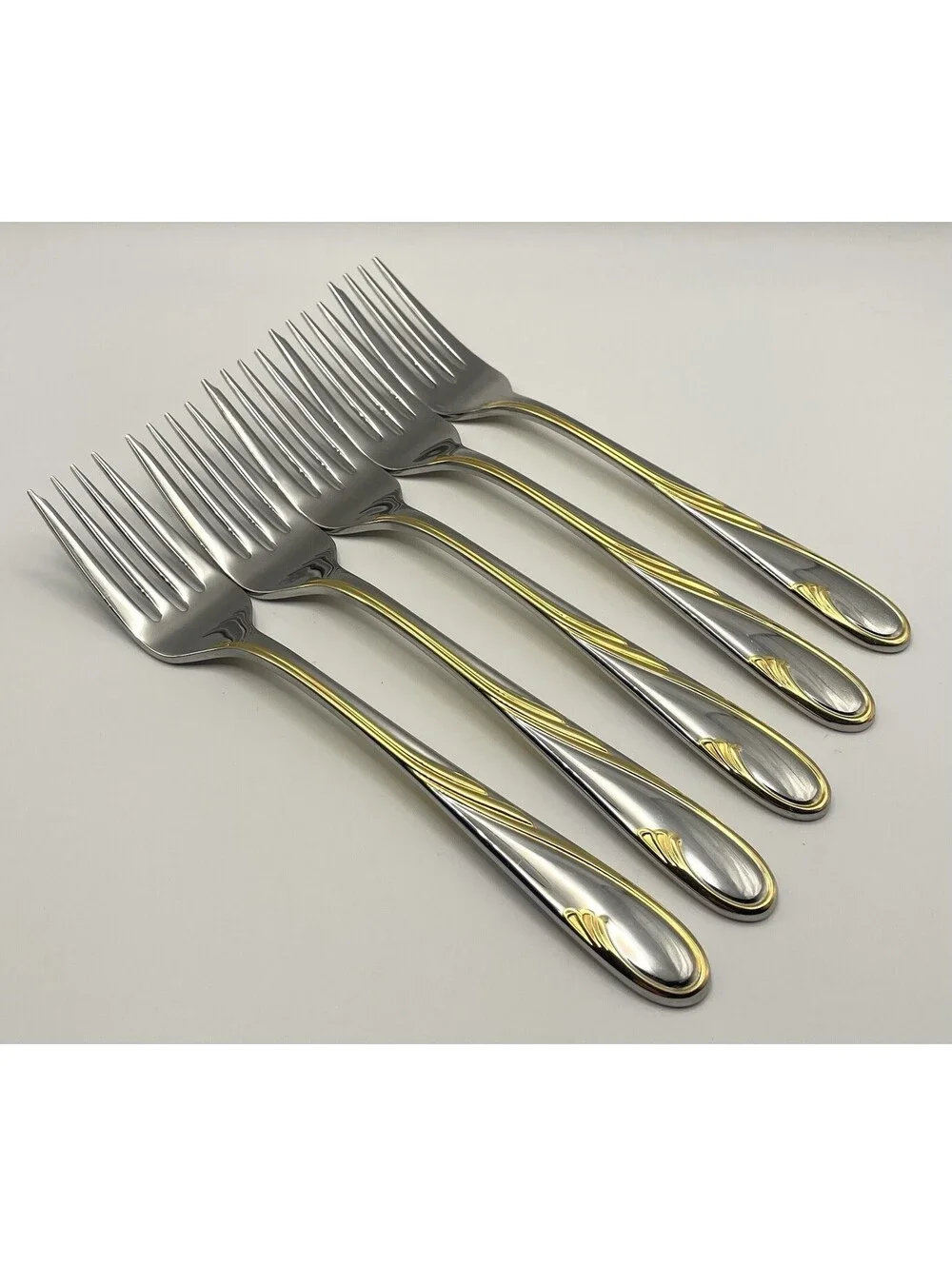 (5) Gorham GOLDEN SWIRL 18/8 Stainless Japan Salad Fork Lot ~ 6 7/8”